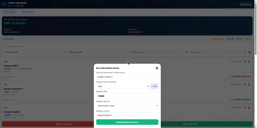 Cashbook add cash received entry form with payment head and method, sample data