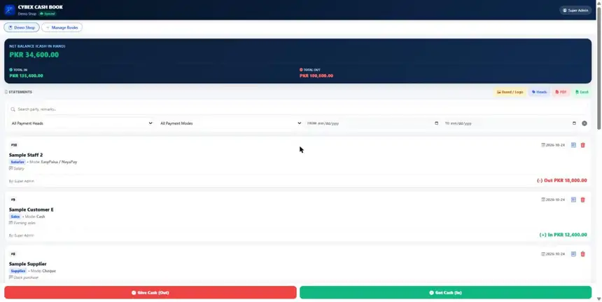 Free online cashbook dashboard with net balance, total in and total out, sample data