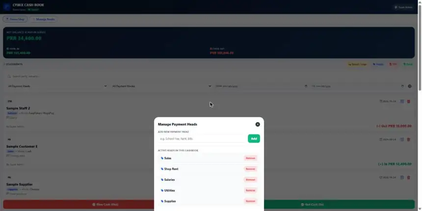Cashbook payment heads management screen, sample data