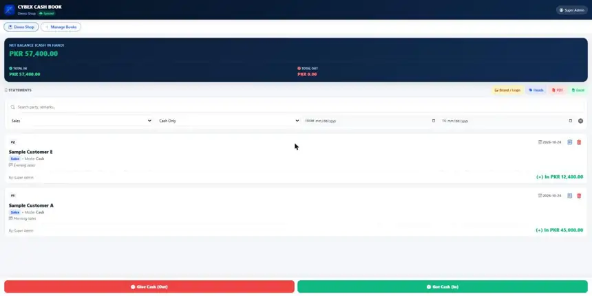 Cashbook statement filtered by payment head and payment mode, sample data
