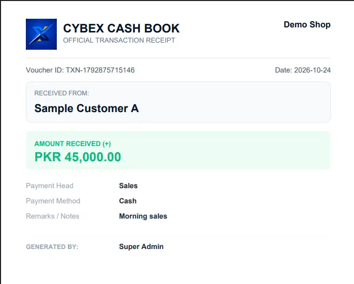 Cashbook official transaction receipt voucher for a sample customer, sample data