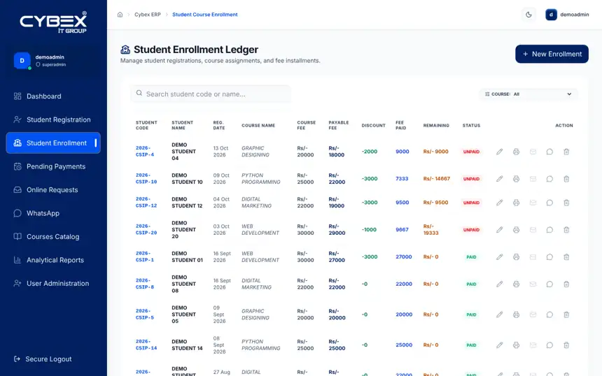 Student enrollment and fee installments screen, sample data