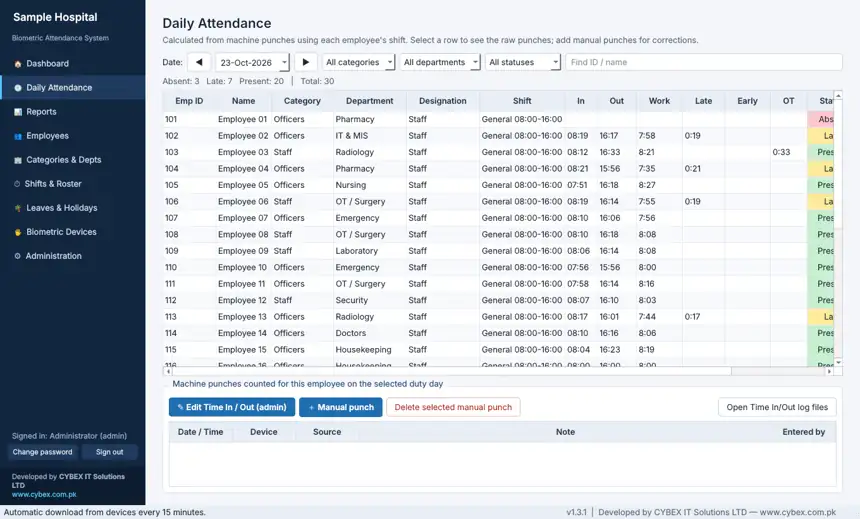 Daily attendance sheet with shift-based In/Out times, sample data