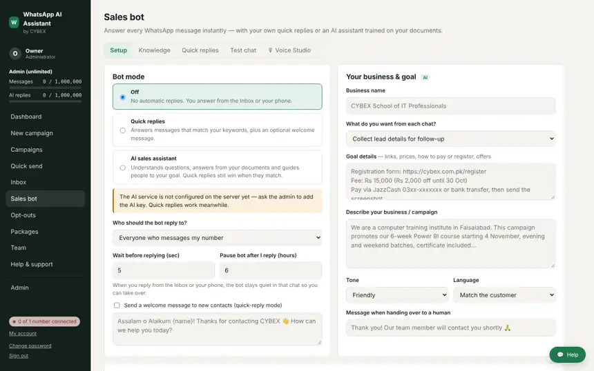 WhatsApp AI assistant auto-reply bot settings, sample data