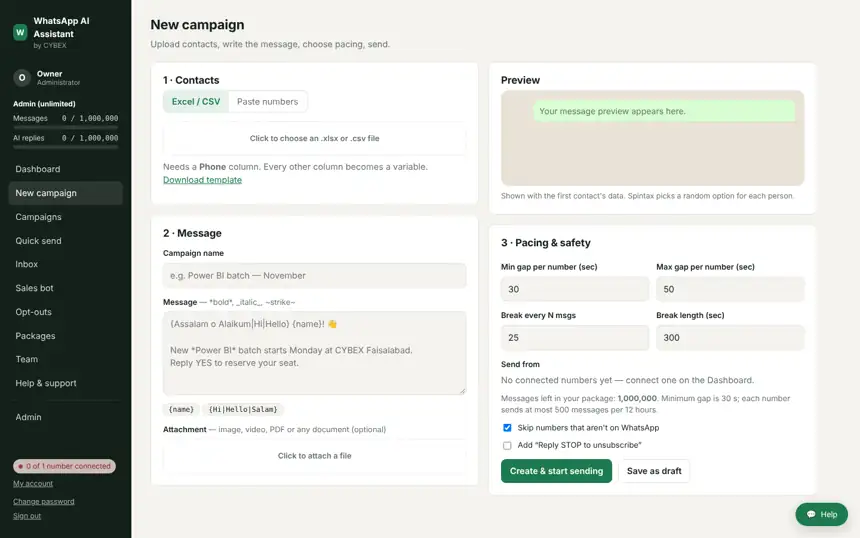 WhatsApp bulk message composer with campaign settings, sample data