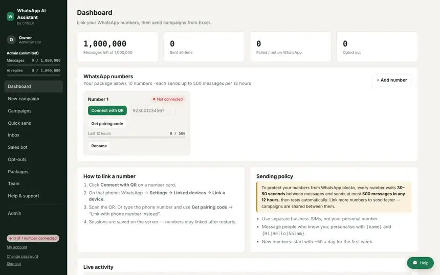 WhatsApp Bulk Sender and AI Assistant dashboard with sample data